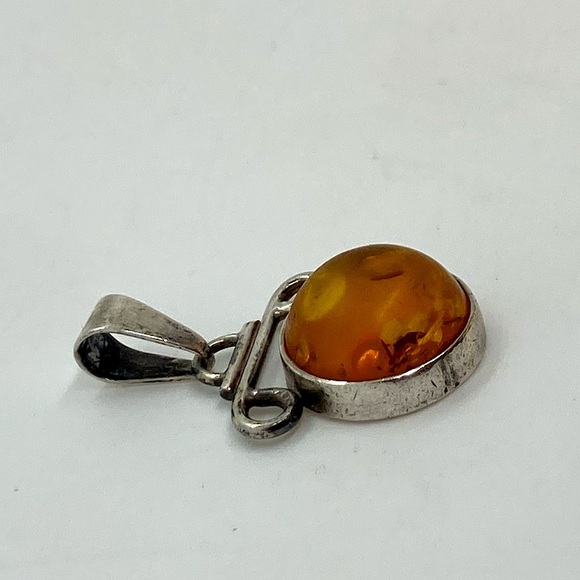 Vtg Sterling & Amber Cabochon Modernist Abstract Pendant 925 Silver | 1.4” x .9” - Picture 2 of 12